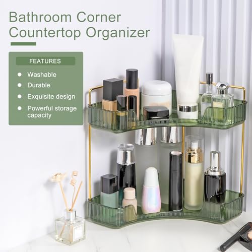 INVSSENE Corner Bathroom Countertop Organizer, Vanity Trays for Counter, Makeup Organizers, Perfume Tray, Kitchen Spice Rack, (Green, 2 Tiers) - color: Green, size: 13.6" x 10" x 15.1"