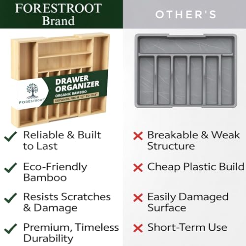Bamboo Drawer Organizer – Expandable 9 Slot Silverware & Utensil Tray for Kitchen, Office & Kitchen –Fits 13”–19.6” Drawers, Natural Bamboo Wood, Deep Compartments - Durable & Eco-Friendly - size: 9 Slot