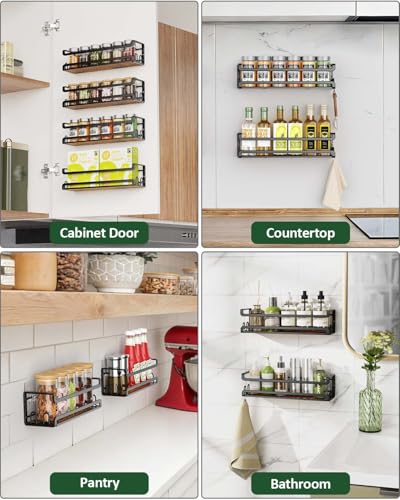Doakhirmit 4 Pack Wall Mount Spice Rack with 16 Hooks,Hanging Spice Rack Organizer for Stove Cabinet Pantry Door, Screw or Adhesive Wooden Spice Shelf for Kitchen and RV Camper, Black - size: 4 Pack