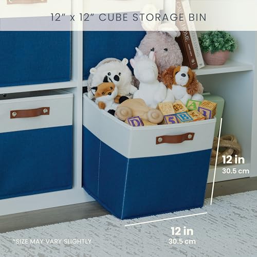 OrganiHaus 12" x 12" x 12" Fabric Cube Storage Bins - Set of 4, Cube Fabric Organizer Bins with Vegan Handles, Kallax Storage Cubes, 12 Inch Cubic Baskets for Shelves - Navy Blue - color: Navy Blue Base / Off-White, size: (12x12) Leather Handles