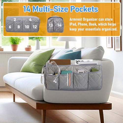 Armchair Caddy, Sofa Armrest Organizer, Non Slip Recliner Organizer, Remote Control Holder for Recliners, Couch Caddy with 14 Pockets Storage for TV Remote, Phone, Magazine (Grey) - color: Grey