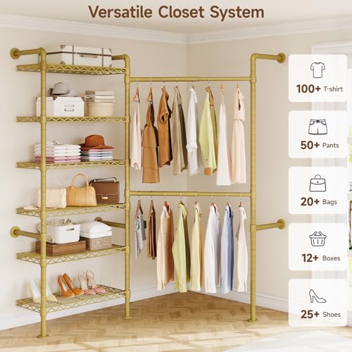 L2 Wall Mounted Closet System, Industrial Pipe Clothing Rack Clothes Racks with 2 Telescopic Rod & 6 Shelves, Heavy Duty Closet Organizers System in Wardrobe Closet, Gold - color: Gold