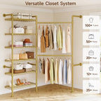 L2 Wall Mounted Closet System, Industrial Pipe Clothing Rack Clothes Racks with 2 Telescopic Rod & 6 Shelves, Heavy Duty Closet Organizers System in Wardrobe Closet, Gold - color: Gold