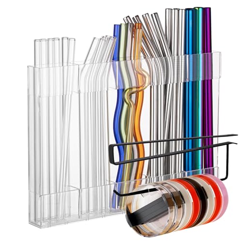 Kitchen Cabinet Straw Holder: Acrylic Organizer and Hanging Lid Rack with Adhesive for Door – Cup Tumbler Accessories Storage Set