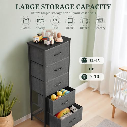 Nightstand, 5 Drawer Dresser End Table Bedside Furniture with Wooden Top Steel Frame Fabric Bins for Bedroom, Closet, Entryway, Dorm, Living Room, Gray - color: Grey, size: 11.8"D x 15.8"W x 47.8"H (5 Drawers)