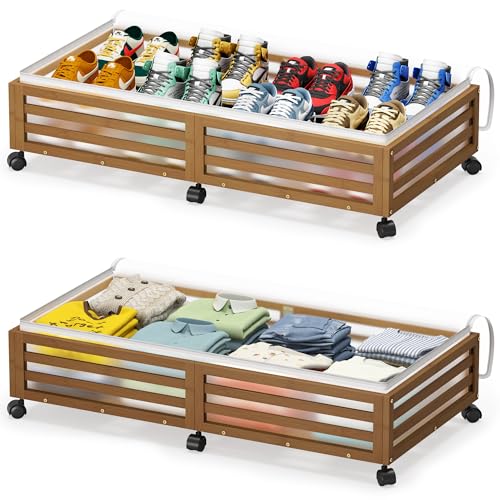 Under Bed Storage Containers With Wheels - 2 Pcs Large Bamboo Wood Rolling Underbed Shoe Storage Bins With Dust Bags for Clothes Blankets, Duvet Covers Snacks Toys (Walnut) - color: Brown, size: L