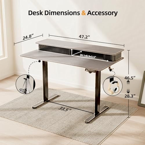 JOY worker Height Adjustable Electric Standing Desk with Storage Shelves, 48 Inch Table with Built-in Monitor Stand, Sit Stand Desk with 2 Hooks for Home Office, Grey Desktop & Black Frame - color: Grey, size: 48inch