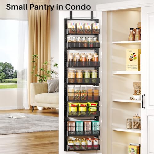 8 Tiers Over the Door Organizer - Height Adjustable Pantry Organizers and Storage with Dense Mesh Baskets, Anti-Swing Hanging Door Spice Rack for Kitchen Bathroom (Black, 12.3"W x 4.7"D x 69"H) - color: Black, size: 12.3"W x 4.7"D x 69"H