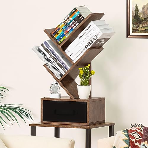 SHEEPAM Small Bookshelf with Drawer,4 Tier Tree Book Shelf,Wood Desk Bookshelves,Modern Free Standing Desktop Display Shelves,Brown Floor Standing Organizer Bookcase for Living Room,Bedroom,Office - color: Retro Brown, size: 4 Tier
