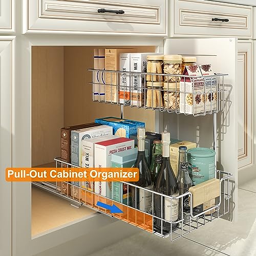 ROOMTEC Pull Out Cabinet Organizer, Under Sink Slide Out Storage Shelf with 2 Tier Sliding Wire Drawer, Sliding Storage for Inside Kitchen Cabinet- 11½ in. W x 21½ in. D (Right) - color: 11.5"W*21.5"D(Wood Handle-Right)