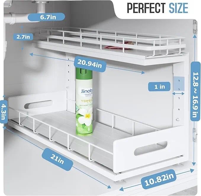 Under Sink Organizer Upgrade To Professional Rails,2-Tier Dual Pull Out Cabinet Storage,Height Adjustable Slide Out Drawers For Bathroom Kitchen,1 Pack-21"Dx12.8"-16.9"H,White - color: White, size: 1 Pack-21"Dx12.8"-16.9"H