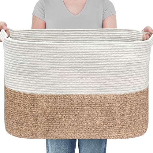MEGASKET 108L Super Large Blanket Basket, 25" x 16" x 16" Woven Jumbo Basket for Blankets, Toys, Laundry, Extra Large Cotton Rope Pillow Holder Organizer, Entryway Shoes Bin, Living Room Storage - color: White & Brown, size: 25"x16"x16"
