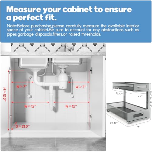 2 Pack 20.47IN Depth Under Sink Storage Organizer, Large 2-Tier Elegant Mesh Pull Out Shelf for Kitchen and Bathroom Cabinet Organization, L-Shaped and Adjustable Height Design-Gun Gray - color: Gun Gray, size: 2 Pack-20.47"Dx11.4"-16.14"H