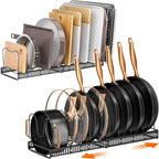 MUDEELA 2 Pack Pots and Pans Organizer Rack for under Cabinet, Expandable Pot Lid Kitchen Cabinet Organizer Holder with 10 Adjustable Compartment Cutting Board Organizer for Pan Lid, Bakeware Sheet - style: 2 Pack 10 Dividers-Black
