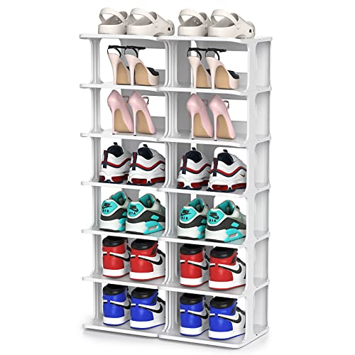 ZOINLIY Stackable Shoe Organizer for Closet, Small Shoe Rack for Entryway, Bedroom, Dorm Rooms, Free Standing Shoe Shelf, Plastic Shoe Cubby for Small Space, Grey Space Saver Shoe Holder - size: 7 Tiers, 2 Columns
