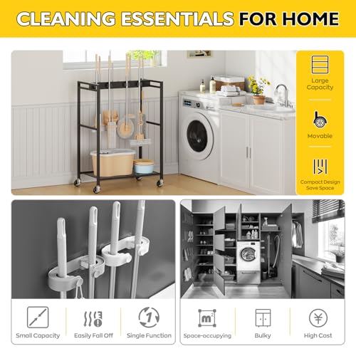 BORISI Broom And Mop Holder, Movable Broom Closet Storage Cabinet, Cleaning Cart with Mop Hanger Gripper Rack, Janitorial Cart, Utility Carts, Laundry Room Organization Home Essentials - size: Medium