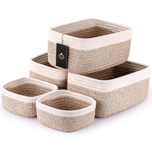5-Pack Small Woven Rope Storage Baskets – 2 Sizes Organizer Bins for Closet, Shelf, Bookshelf, Nursery, Changing Table, Fabric Cube Boxes, Rectangular Shallow Bins for Bathroom, Toy & Home - color: Natural & White