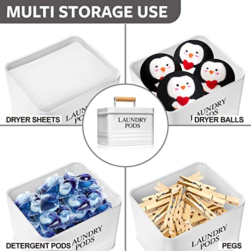 Calindiana Modern Farmhouse Metal Laundry Pods Holder Container with Lid for Laundry Room Decor and Accessories and Space Saving Organization and Storage, Holds 81 Laundry Pods, White - color: White