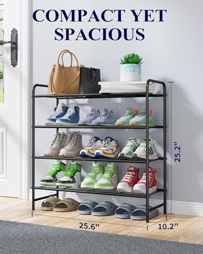 Kitsure Shoe Rack - Stainless Steel Shoe Organizer, Sturdy Shoe Rack for Closet and Front Door Entrance, Free Standing Shoe Shelf, Closet Organizers and Storage, 25.6" Wide - 4 Tier, Black - color: Black, size: 25.6" Wide - 4 Tier