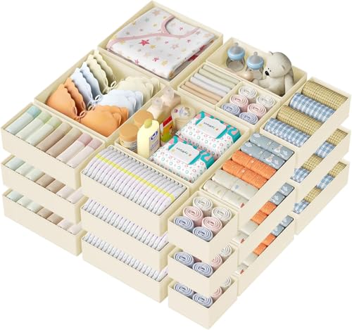 DIMJ Drawer Organizer Clothes Storage - 18 Pack Baby Dresser Organizer for Nursery, Foldable Closet Drawer Organizer Bins for Bedroom Organization, Fabric Storage Dividers for Socks, Underwears, Bras - color: Beige, size: 18 Pack