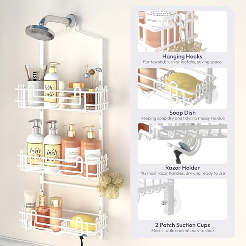 SWTYMIKI Shower Caddy Hanging Organizer - 3-Tier Rustproof Shower Organizer Over Showerhead with Adjustable Baskets, 24 Hooks, Soap & Razor Holder - No Drill Large Bathroom Storage Rack, White - color: White