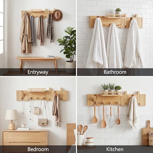 Mid Century Modern Walnut Foldable Entryway Wall Coat Hanger Hook with Shelf,Heavy Duty Wooden Piano Hidden Towel Hooks for Bathroom,Wall Rack for Purse&Key&Mail,Home Decor (Natural, 7 Hooks) - color: Natural, size: 7 Hooks