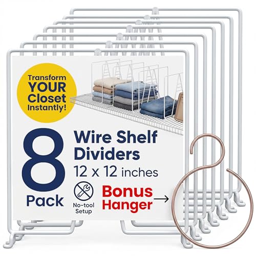 White Wire Shelf Dividers for Closet Organization – 8-Pack – Sturdy and Easy Set-Up Closet Shelf Dividers with Bonus Rose Gold Hanger – 12 inches x 12 inches - size: 12" x 12" Standard