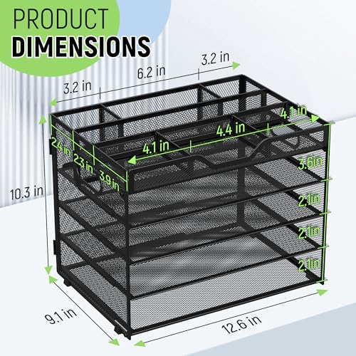 Docnest 5 Tier Metal Desk Organizer - Adjustable Desktop File Tray with Pen Holders & Handles, Heavy-Duty Office Paper Sorter for Documents, Mail, A4 Folders - Black - color: Black
