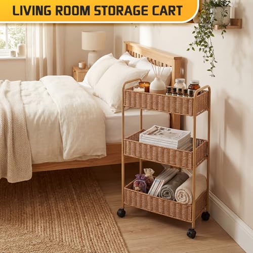 FOCHIER F Utility Slim Storage Cart,3-Tier Rolling Kitchen Office Laundry Room Cart,Mobile Shelving Unit Organizer for Living Room Bathroom Baby Diaper Narrow Places (Natural, 3 Tiers-7.1 inch (W)) - color: Natural