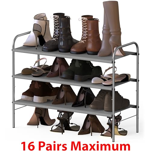 Simple Houseware 3-Tier Shoe Rack Storage Organizer, Grey – Space-Saving Shoe Shelf, Holds 9–16 Pairs, Sturdy Metal Frame, Easy Assembly – Closet, Entryway, Bedroom Shoe Storage Solution - color: Grey, size: 3-Tier