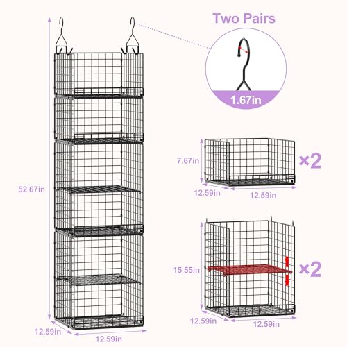 6 Tier Hanging Closet Organizers and Storage Stackable Hanging Closet Shelves with 4 Hooks 2 Adjustable Dividers, Wire Storage Basket Bins for Clothing Purse Sweaters Shoes Socks Dolls, Foldable - color: Black, size: 6-Tier Larger