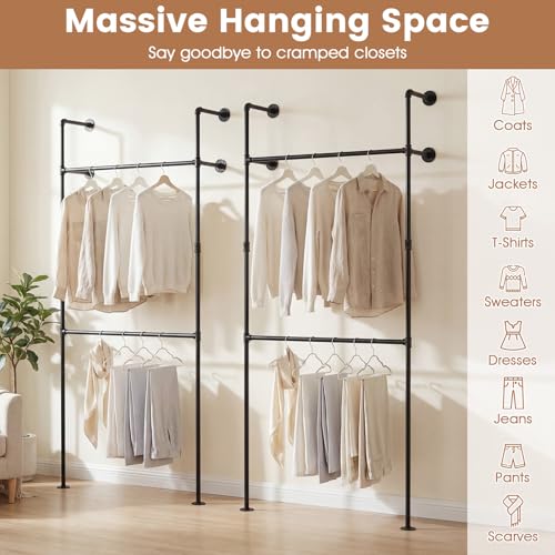 Giantex Industrial Pipe Clothing Rack, 42" Wall Mounted Heavy-Duty Metal Garment Organizer with 2 Hanging Rods, 2-Tier Walk-in Closet System for Wardrobe Closet, Retail Display - size: 42 Inches