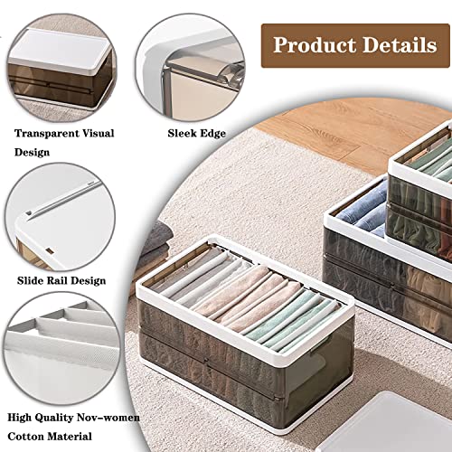 Stackable Wardrobe Clothes Organizer, Jeans Compartment Plastic Storage Box with Detachable Dividers lid, Wardrobe Clothes Cabinet for Toys Snacks Books, Clear Brown (9 Grids)