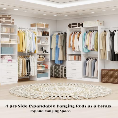 Closet System with 4 Sets, 8-21FT Closet Organizer Systems with 6 Drawers & 7 Hanging Rods & Adjustable Shelves, Walk in Closet Standalone Closet System Modular Closet System Set White