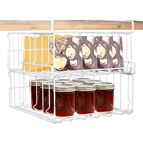 Hanging Under Shelf Storage Basket, 2 Pack Foldable Under Cabinet Metal Desk Storage Wire Rack Organizer for Kitchen Pantry Bookshelf Office Home, Easy to Install Slide-in Under Shelves (White) - color: White 2