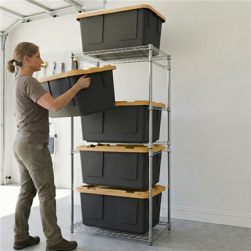 MonsterRAX 5-Tier Side-Load Heavy Duty Garage Slide Bin Storage Rack for 27-Gallon Totes. Industrial metal organization, 250lb capacity, NSF Certified. (Bins not included) (Black) (Silver) - color: Silver