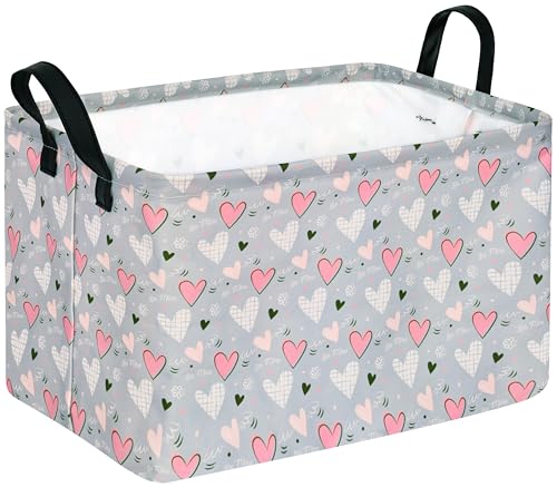 Rec Heart Print Box Hamper Storage Basket Collapsible Organizer Bin Gift Shelf Baskets for Home and Kitchen Storage - color: White grid love