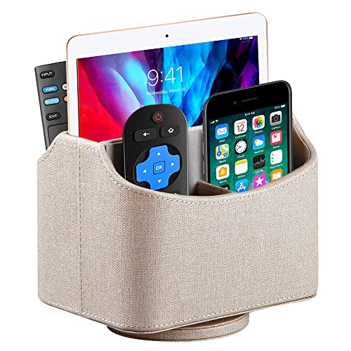 Fanousy 360° Rotating Remote Control Holder, PU Leather TV Remote Caddy Organizer Basket Storage Box with 5 Compartments for Pen, Pencil, Art Supplies, Makeup Brush, Office Desk Table Accessories - color: Beige