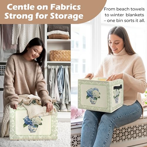 Chinoiserie Hydrangea Floral Storage Bin Box with Handles, Blue and White Porcelain Hydrangea Flower Foldable Linen Fabric Laundry Basket for Home Bedroom Bathroom Clothes Toys Books - color: Blue and White