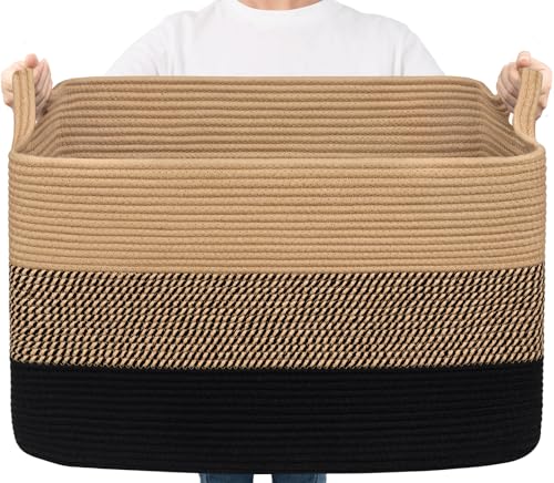 Goodpick Large Woven Blanket Basket 23.6" x 15.7" x 13.8" Cotton Rope Storage Organizer for Dirty Clothes Pillows Toys, Rectangle Wicker Laundry Basket with Handles, Black & Jute Mix - color: Black Jute, size: X-Large(23.6"L x 15.7"W x 13.8"H)