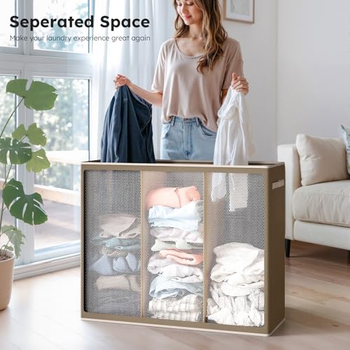SOLEDI 180L 3-Section Laundry Hamper with Lid, Extra Large Dirty Clothes Basket with Sturdy Handles for Laundry Room & Bedroom - Durable Organizer for Sorting Laundry - color: Chocolate Brown, size: 180L
