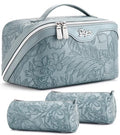 BOYATU Travel Makeup Bags Cosmetic Organizer Bag: 3 Pcs Set Large Capacity Floral Make up Bag with Compartments - Waterproof Leather Toiletry Bags with Handle for Women (01-Light Blue) - color: 01-Light Blue