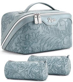 BOYATU Travel Makeup Bags Cosmetic Organizer Bag: 3 Pcs Set Large Capacity Floral Make up Bag with Compartments - Waterproof Leather Toiletry Bags with Handle for Women (01-Light Blue) - color: 01-Light Blue