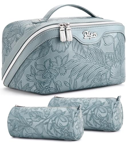 BOYATU Travel Makeup Bags Cosmetic Organizer Bag: 3 Pcs Set Large Capacity Floral Make up Bag with Compartments - Waterproof Leather Toiletry Bags with Handle for Women (01-Light Blue) - color: 01-Light Blue