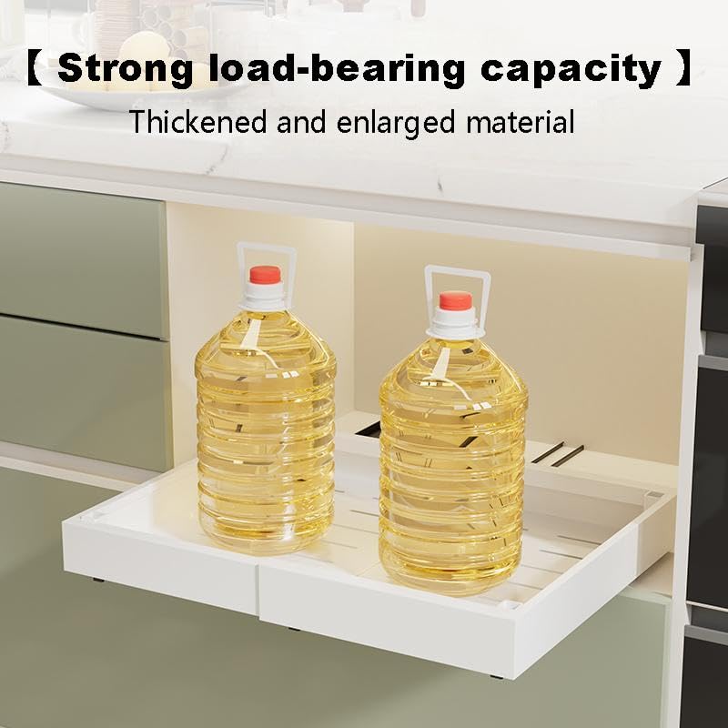 Under Cabinet Organizer Rack, White Metal 2-Tier Storage Shelf, Expandable 32-52cm Width, Modern Style, Kitchen Counter Organization with Hardware