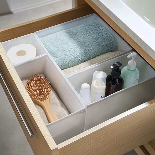 TYEERS Drawer Organizers, Durable Fabric, Washable, with Base Support Boards, Small Storage Boxes for Bathroom, Closet, Dresser, Set of 6, White - color: White, size: S+M+L (Set of 6)