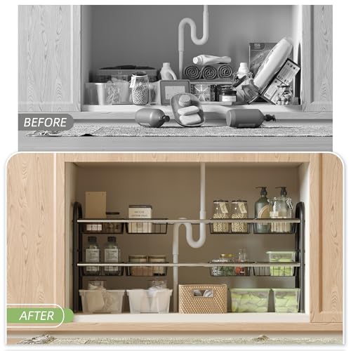 NETEL Under Sink Organizers and Storage, 2 Tier Expandable Under Cabinet Organizer Shelf with 8 Baskets, Expandable Shelf for Cupboard, Kitchen, Bathroom, Shoe Storage Rack - size: 8 Metal Baskets