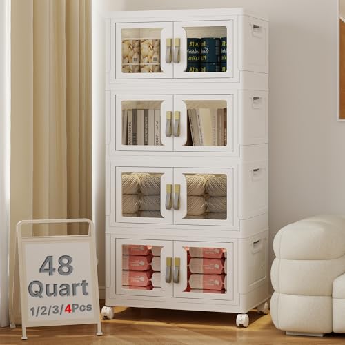 UAMFURI Stackable Storage Bins with Lids, Clear Doors, Large Storage Cabinet Foldable Collapsible Closet Organizers for Bedroom Dorm Office (4, White, 48, Quarts) - color: White