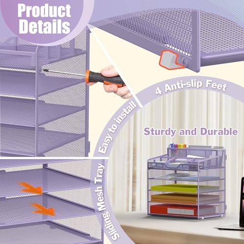 Docnest 5 Tier Mesh Desk Organizer for Paper Office Supplies – Multi-Functional Letter Tray with 5 Adjustable Compartments, 3 Pen Holders, Desktop Storage for Files, Mail, Stationery – Purple - color: Purple, size: 12.7" x 9.1" x 13.2"