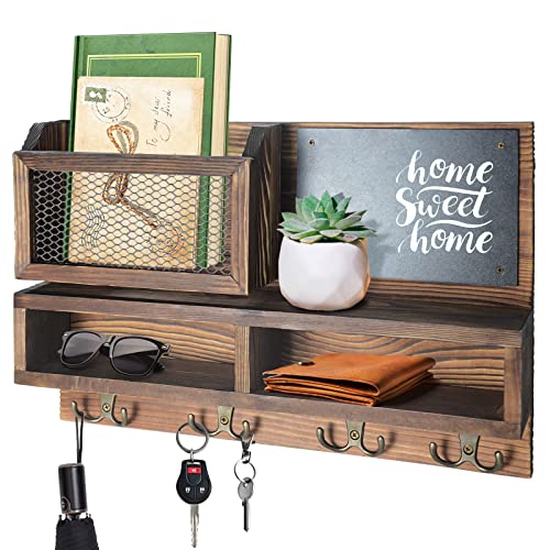Key Holder for Wall, Mail Organizer Wall Mount with Key Hooks and Wallet Holder, Sunglasses Storage and Dog Leash Hanger, Decorative with 4 Double Hooks and Chalkboard - color: Brown